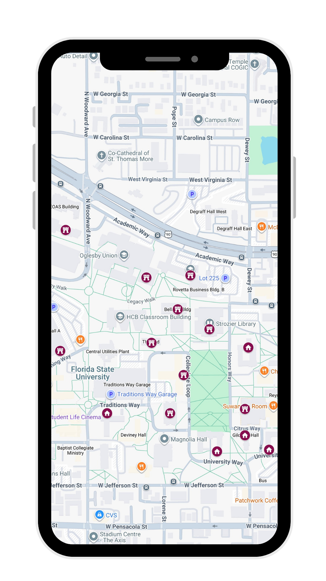 FSU 175th Anniversary interactive campus map showing garnet location markers across Florida State University's main campus in Tallahassee, Florida